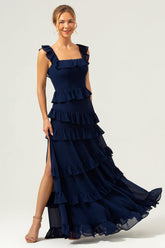 A-Linie Gestuftes Chiffonkleid mit quadratischem Ausschnitt Langes dunkelblaues Brautjungfernkleid